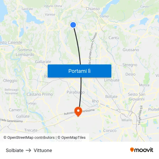 Solbiate to Vittuone map