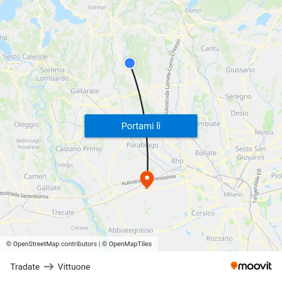 Tradate to Vittuone map