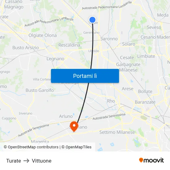 Turate to Vittuone map
