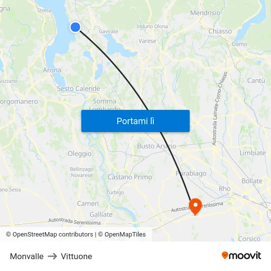 Monvalle to Vittuone map