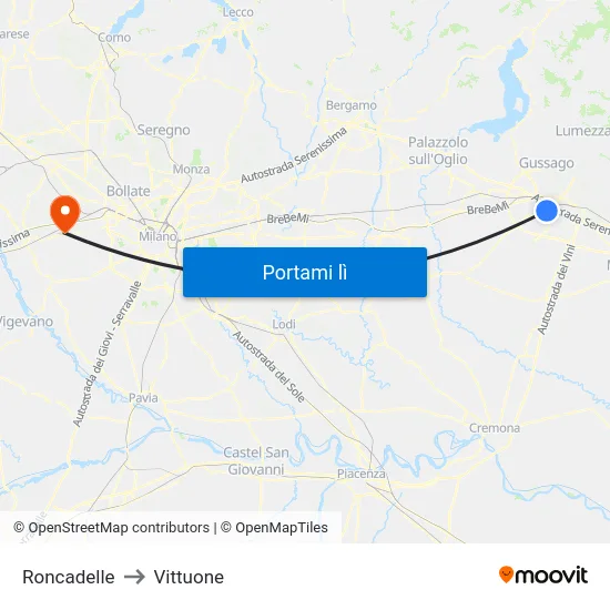 Roncadelle to Vittuone map
