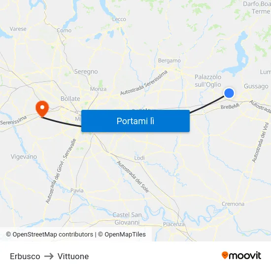 Erbusco to Vittuone map