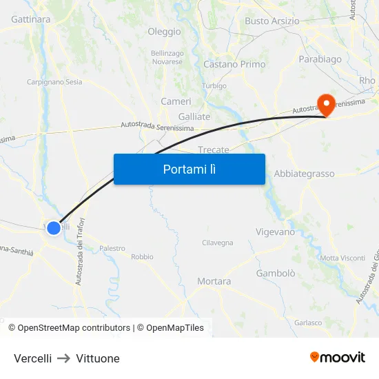 Vercelli to Vittuone map