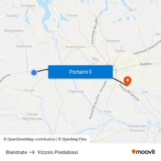 Biandrate to Vizzolo Predabissi map