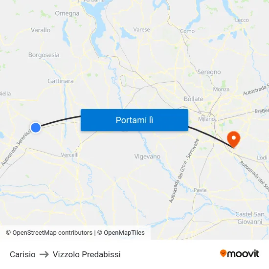 Carisio to Vizzolo Predabissi map