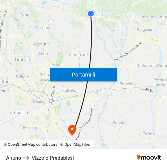 Airuno to Vizzolo Predabissi map