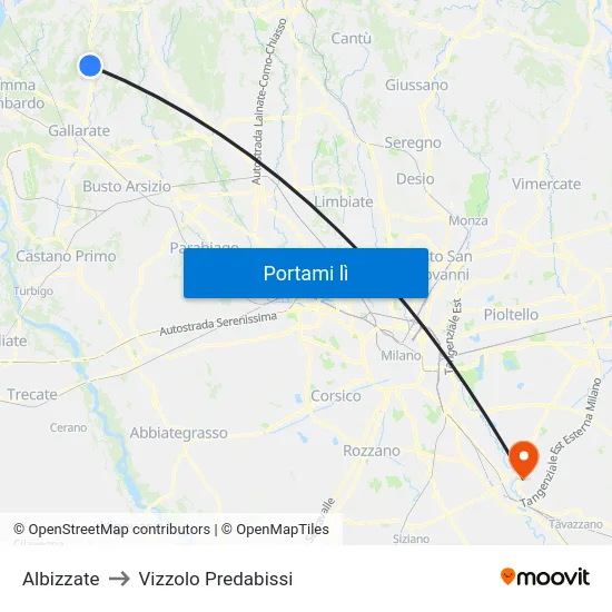 Albizzate to Vizzolo Predabissi map