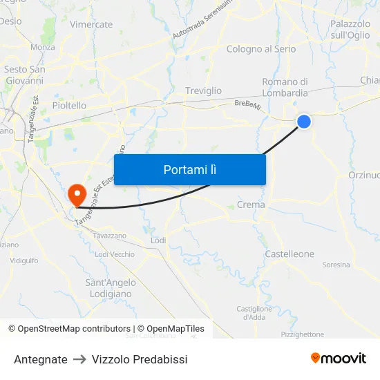 Antegnate to Vizzolo Predabissi map