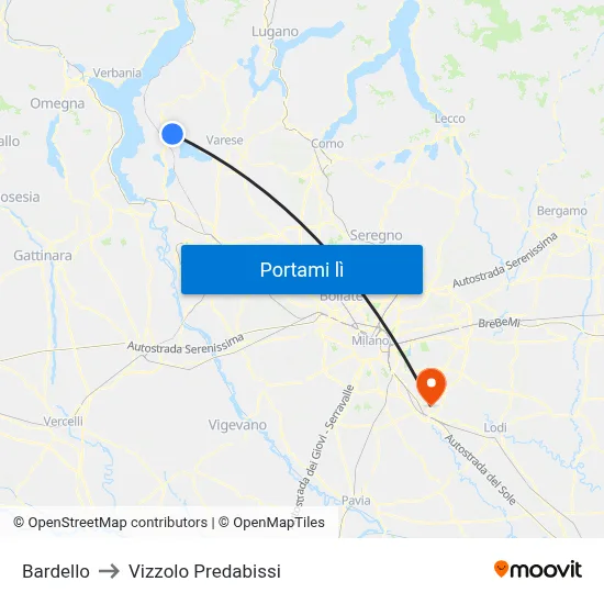 Bardello to Vizzolo Predabissi map