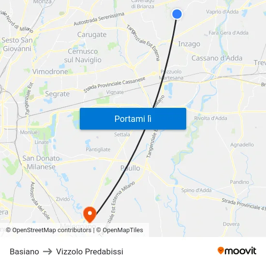 Basiano to Vizzolo Predabissi map