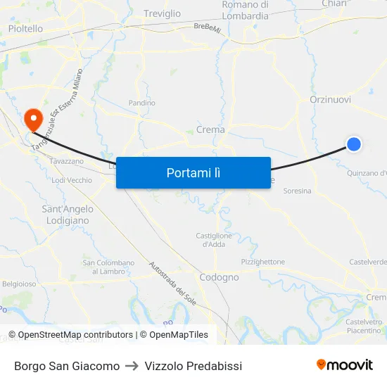 Borgo San Giacomo to Vizzolo Predabissi map
