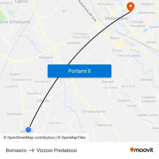 Bornasco to Vizzolo Predabissi map