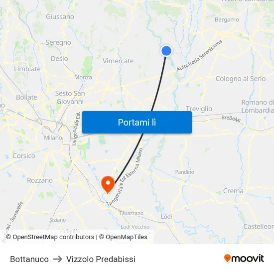 Bottanuco to Vizzolo Predabissi map