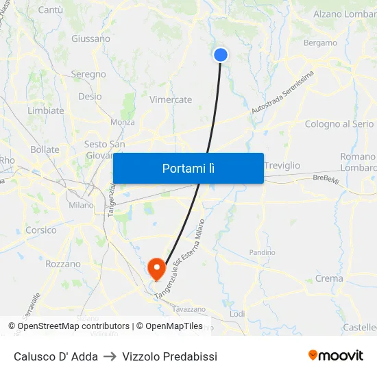 Calusco D' Adda to Vizzolo Predabissi map