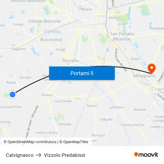 Calvignasco to Vizzolo Predabissi map