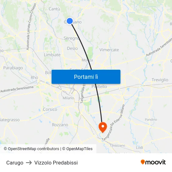 Carugo to Vizzolo Predabissi map