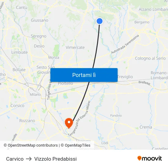 Carvico to Vizzolo Predabissi map