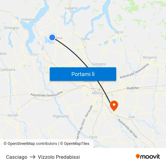 Casciago to Vizzolo Predabissi map