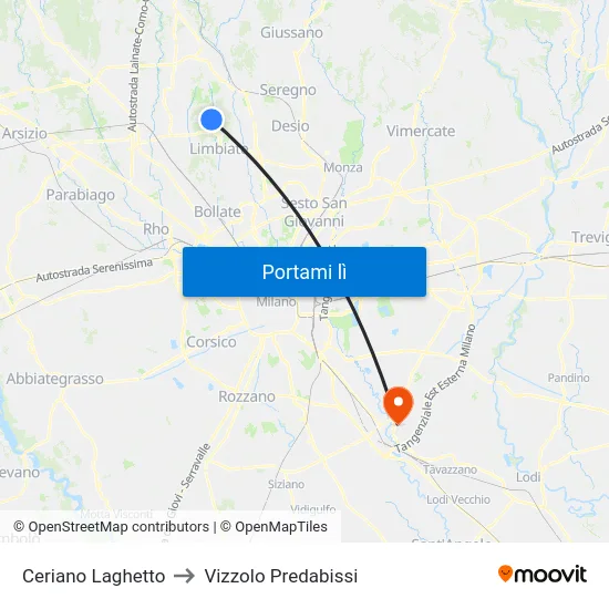 Ceriano Laghetto to Vizzolo Predabissi map