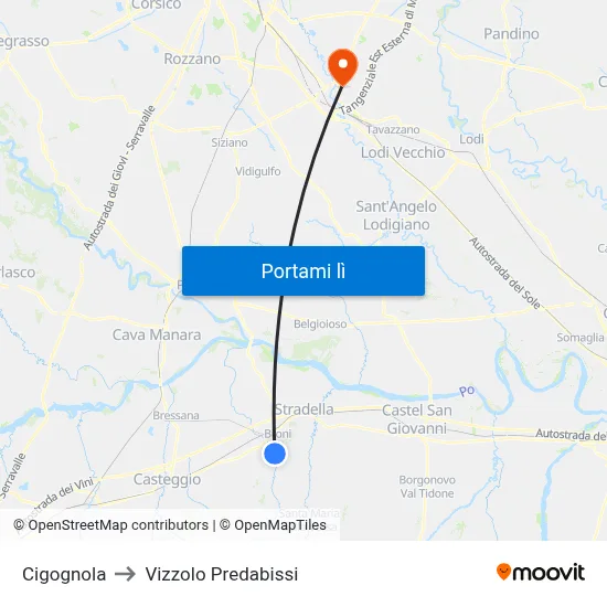 Cigognola to Vizzolo Predabissi map