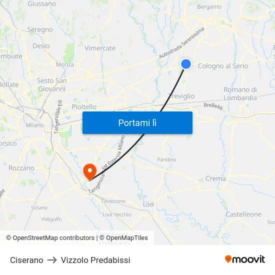 Ciserano to Vizzolo Predabissi map