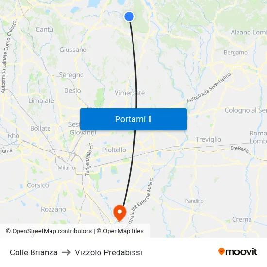 Colle Brianza to Vizzolo Predabissi map