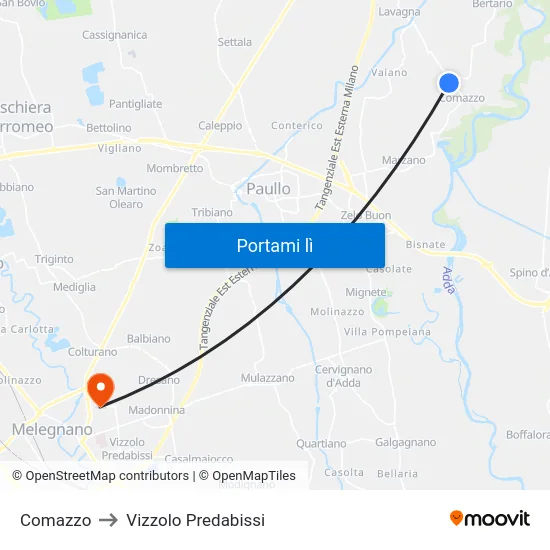Comazzo to Vizzolo Predabissi map