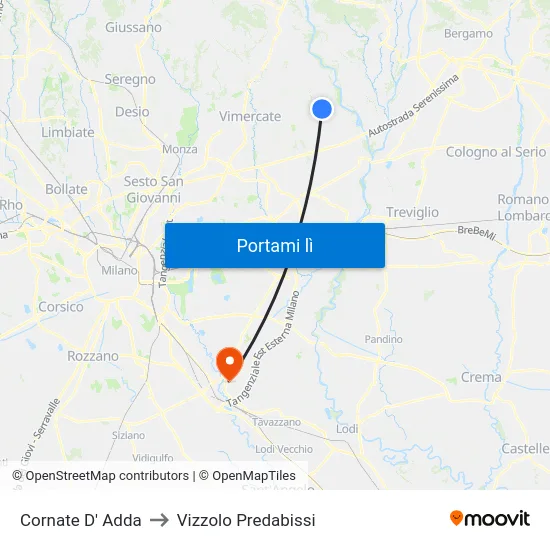 Cornate D' Adda to Vizzolo Predabissi map