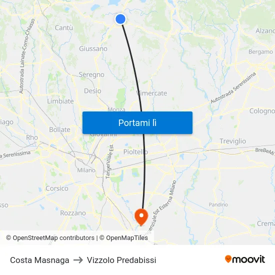 Costa Masnaga to Vizzolo Predabissi map