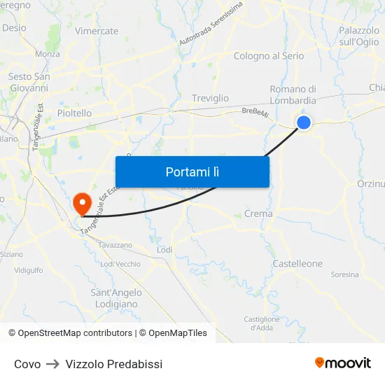 Covo to Vizzolo Predabissi map