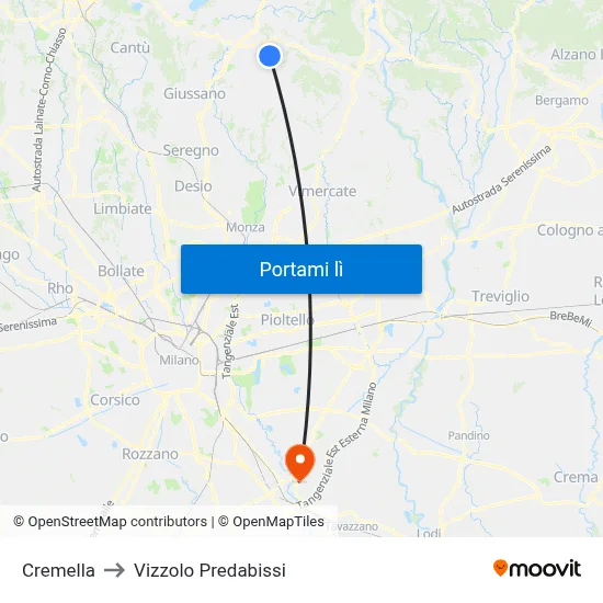 Cremella to Vizzolo Predabissi map