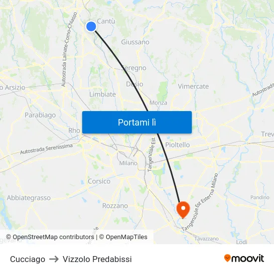 Cucciago to Vizzolo Predabissi map