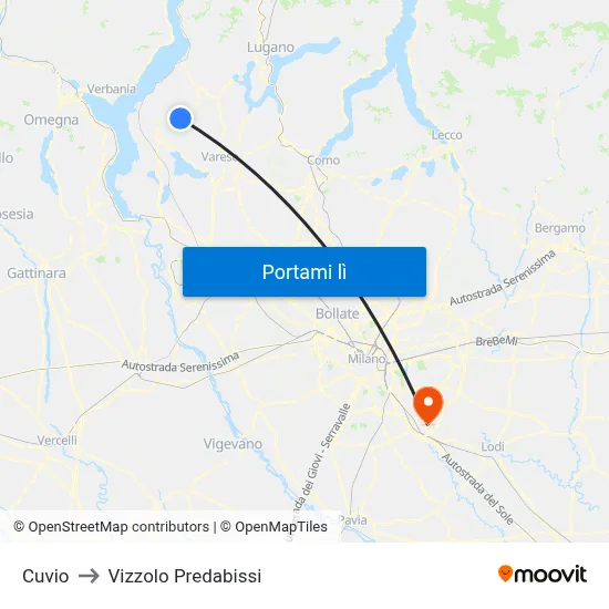 Cuvio to Vizzolo Predabissi map