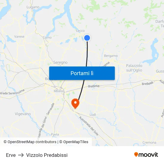 Erve to Vizzolo Predabissi map