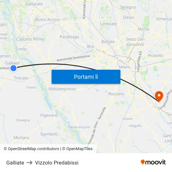 Galliate to Vizzolo Predabissi map