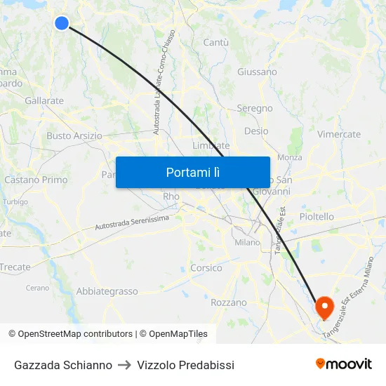 Gazzada Schianno to Vizzolo Predabissi map