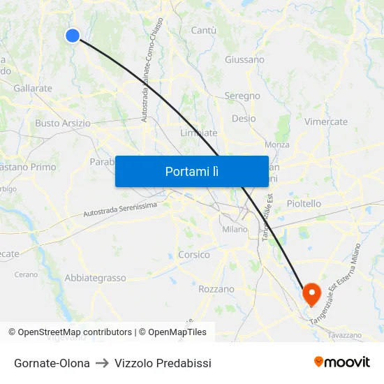 Gornate-Olona to Vizzolo Predabissi map