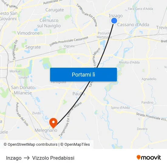 Inzago to Vizzolo Predabissi map