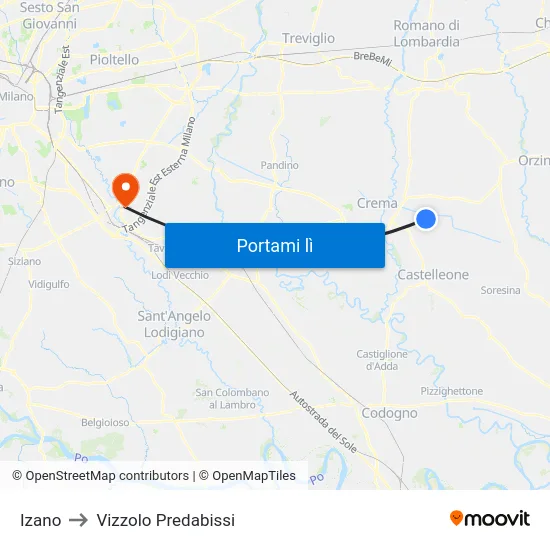 Izano to Vizzolo Predabissi map