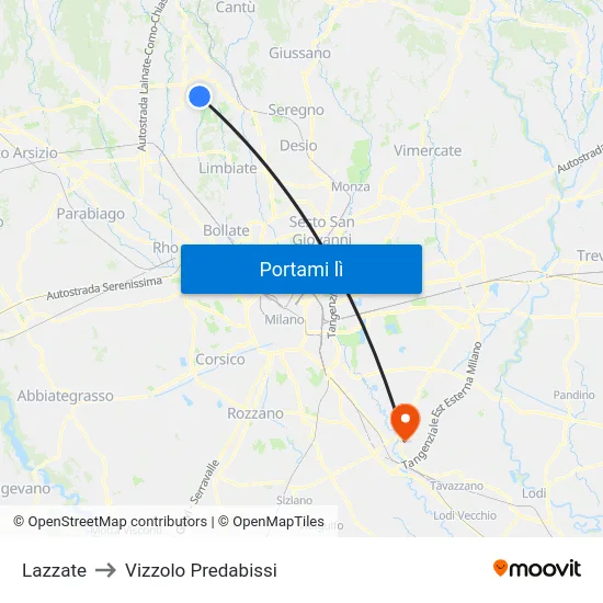 Lazzate to Vizzolo Predabissi map