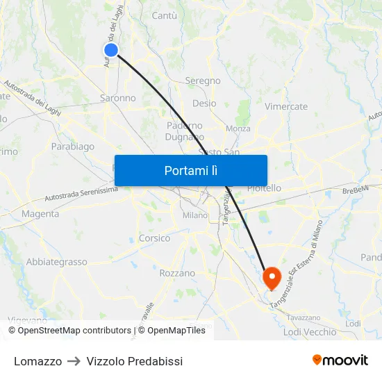 Lomazzo to Vizzolo Predabissi map