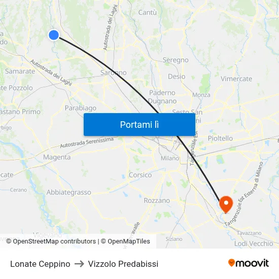 Lonate Ceppino to Vizzolo Predabissi map