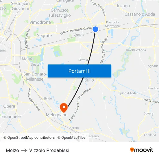 Melzo to Vizzolo Predabissi map