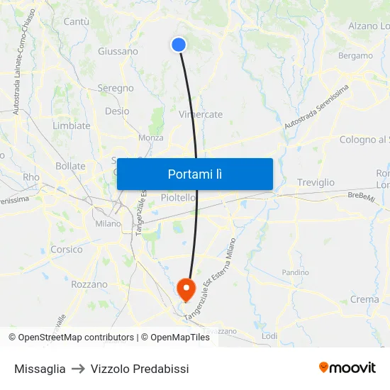 Missaglia to Vizzolo Predabissi map