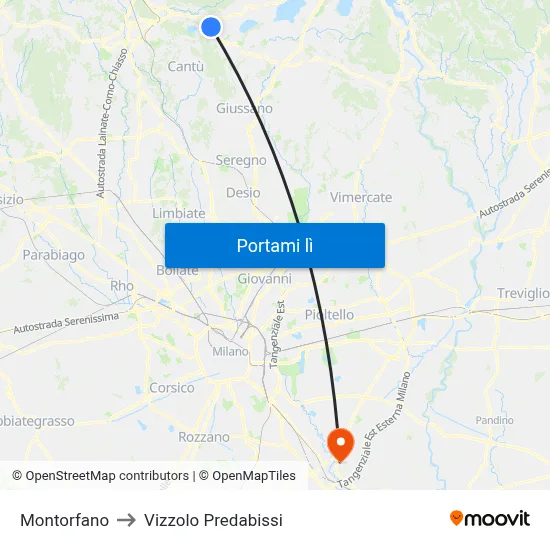 Montorfano to Vizzolo Predabissi map