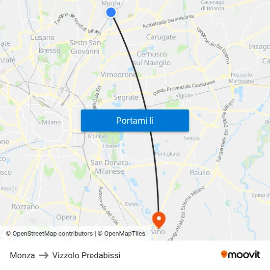 Monza to Vizzolo Predabissi map