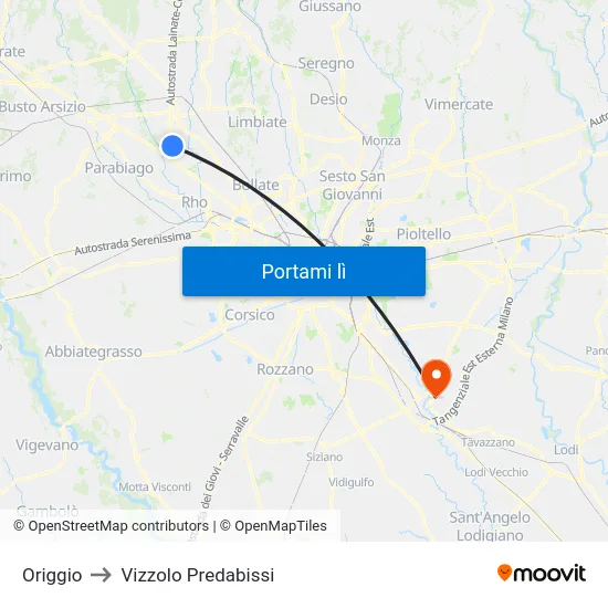 Origgio to Vizzolo Predabissi map