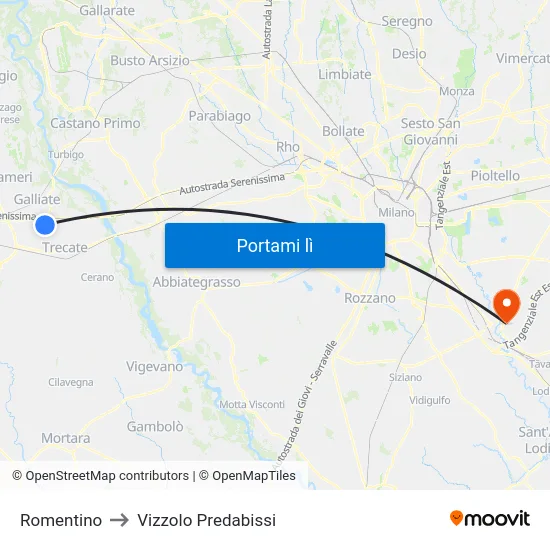 Romentino to Vizzolo Predabissi map