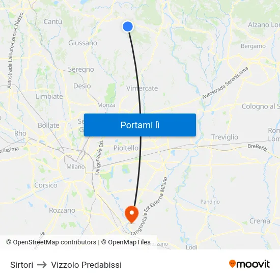 Sirtori to Vizzolo Predabissi map