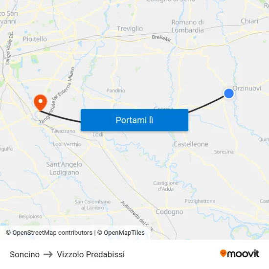 Soncino to Vizzolo Predabissi map